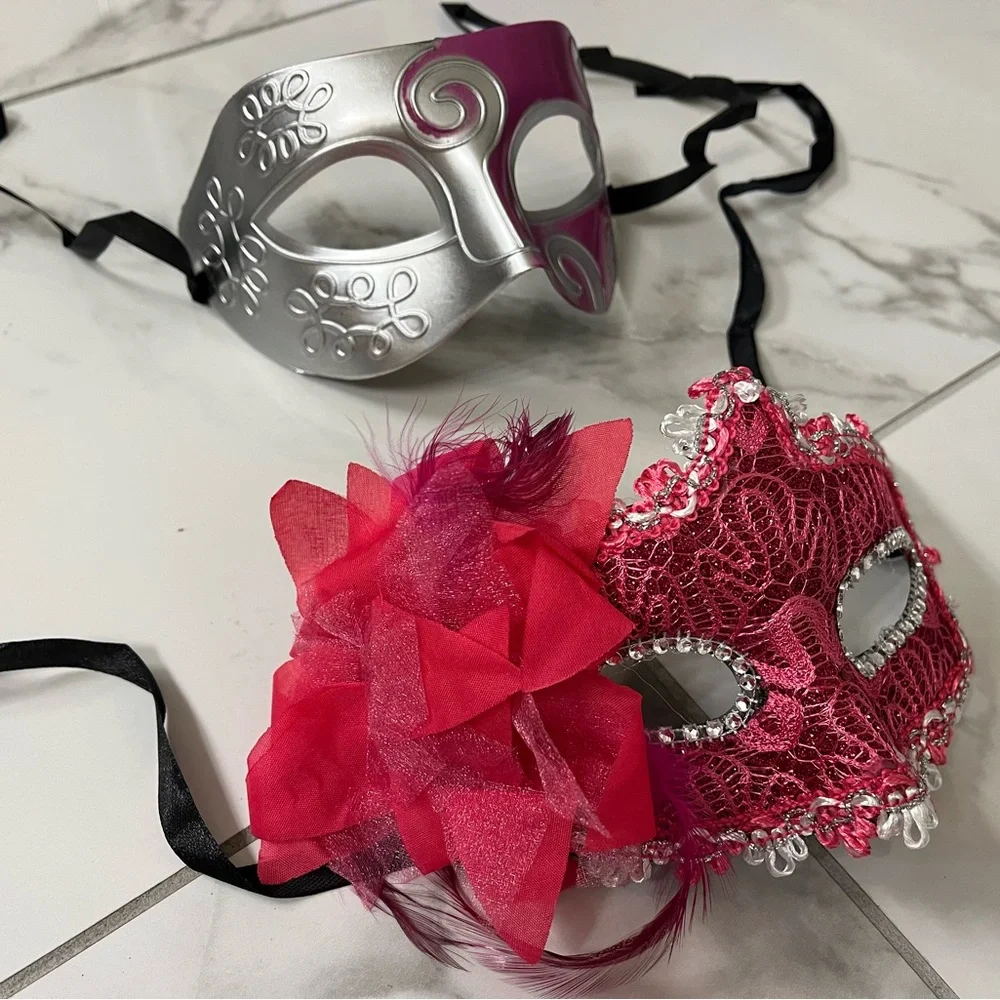 Pink & Silver Masquerade Mask Set